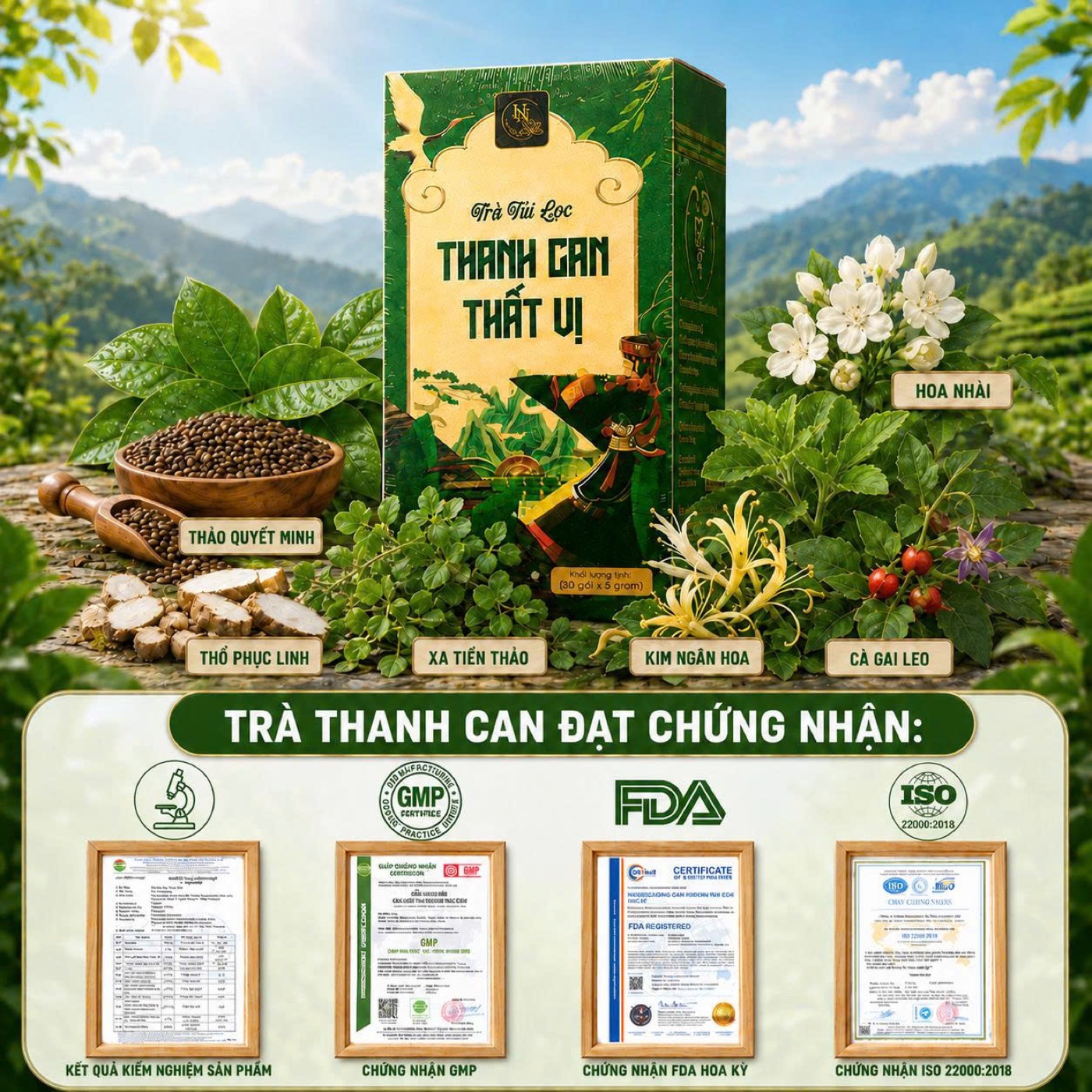 Trà Thanh Can Thất Vị — phiếu kiểm nghiệm sản phẩm và chứng nhận nhà máy sản xuất GMP, FDA Hoa Kỳ, ISO 22000:2018