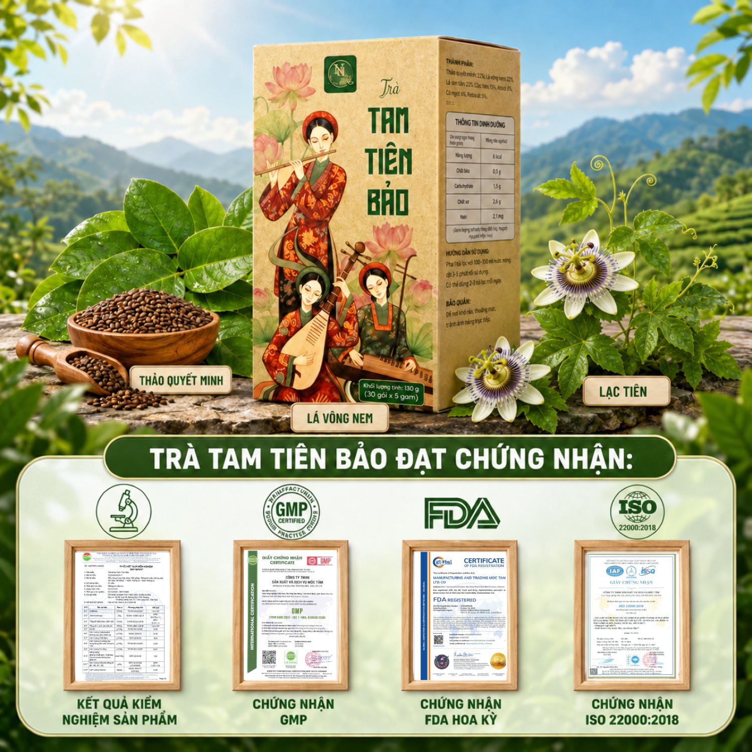 Nhà máy sản xuất đạt chứng nhận GMP, FDA, ISO 22000; kèm phiếu kiểm nghiệm sản phẩm