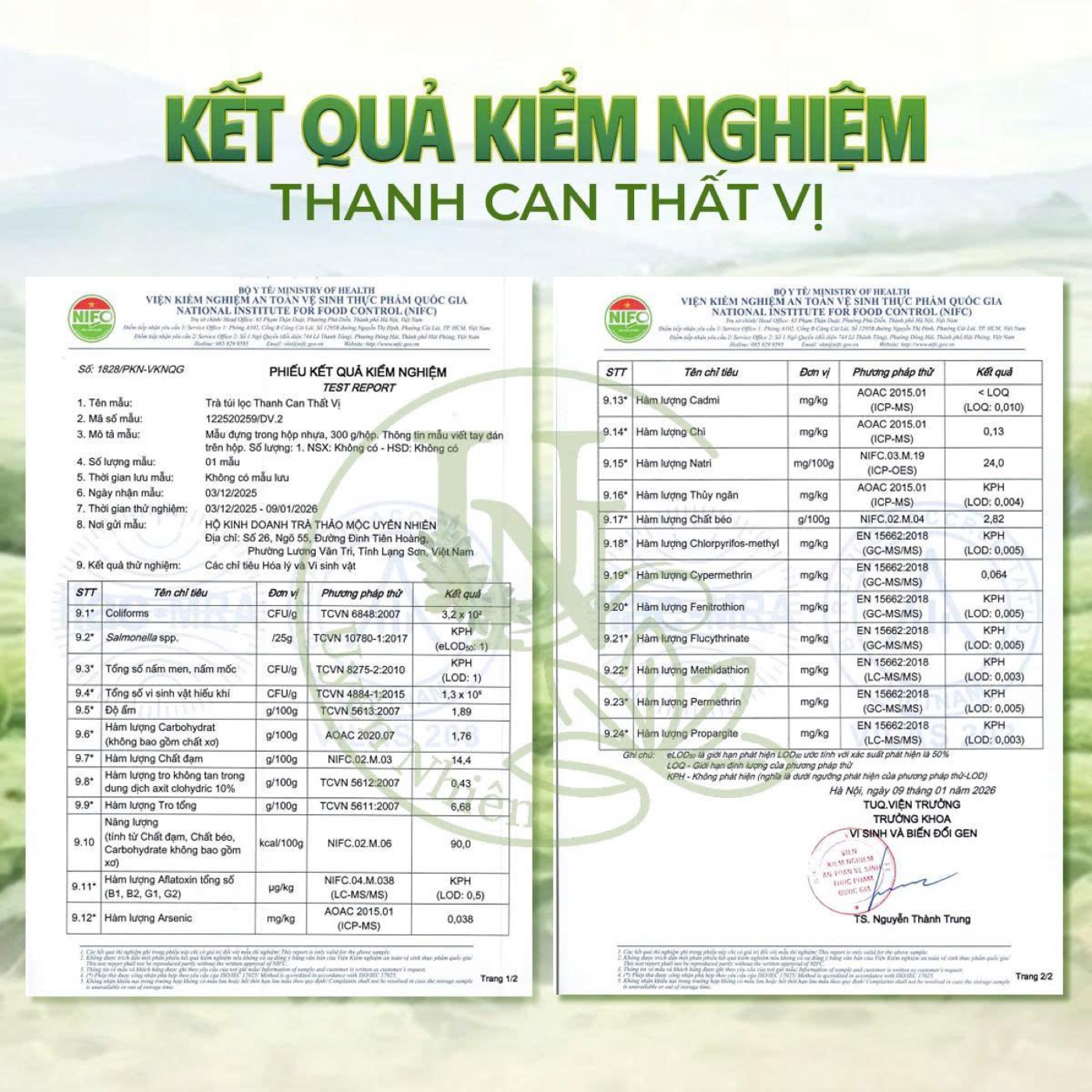 Phiếu kết quả kiểm nghiệm Trà Thanh Can Thất Vị của Viện Kiểm nghiệm ATVSTP Quốc gia NIFC