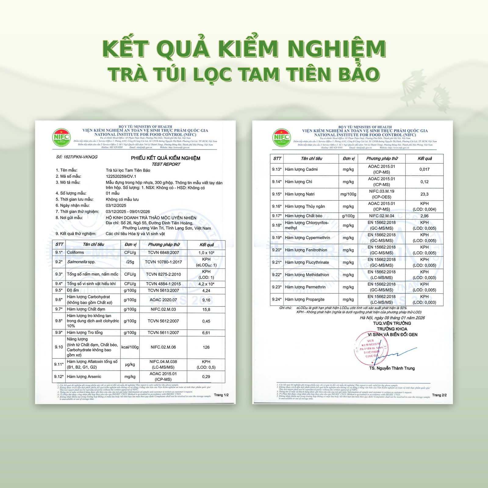 Phiếu kết quả kiểm nghiệm trà Tam Tiên Bảo